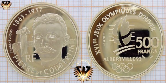 500 Francs, Frankreich, 1991, XVIes Jeux Olympiques D´Hiver, Albertville 1992, Pierre de Coubertin, 1863-1937 © aukauf.de 