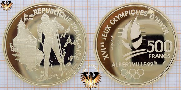 500 Francs, Goldmünze, Frankreich, 1991, XVIes Jeux Olympiques D´Hiver, Langlauf © aukauf.de 
