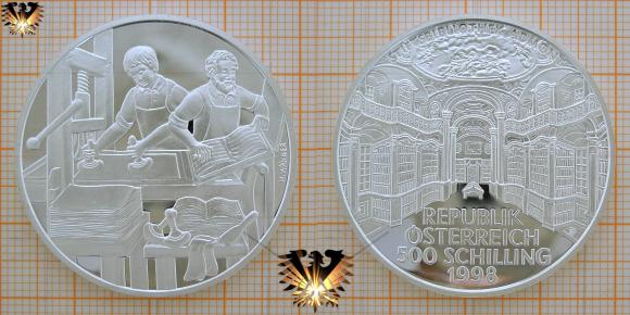 Die 500 Schilling Motivmünze aus der Serie - Österreich und sein Volk zeigt den Buchdruck in der Stiftsbibliothek Admont und wurde 1998 von der Münze Österreich ausgegeben.