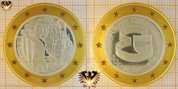 500 Schilling, 1995, Österreich in der EU, Bimetallmünze: Silber / Gold © aukauf.de 