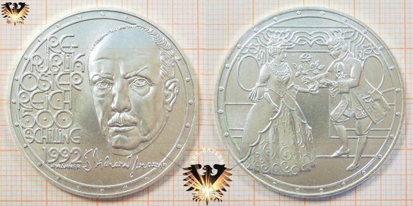 Die 500 Schilling (ATS), Silbermünze von 1992 zu Ehren des Komponisten Richard Strauss.