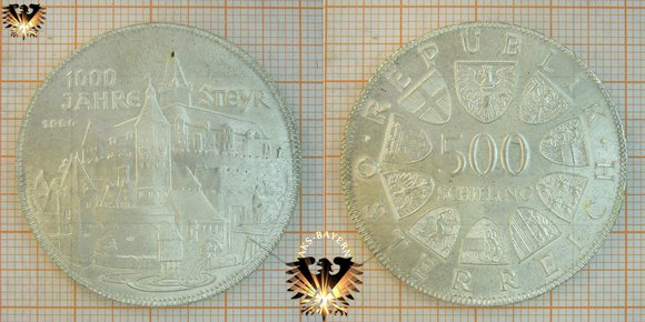 500 Schilling (ATS), Österreich, 1980, 1000 Jahre Steyr - Silbermünze