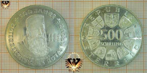 500 Schilling (ATS), Österreich, 1980, 100 Jahre Österreichisches Rotes Kreuz 1880 - 1980 Silbermünze