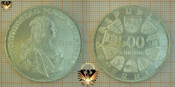 500 Schilling, 1980, 200. Todestag Maria Theresias, Silbermünze Österreich © aukauf.de 