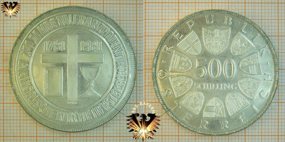 500 Schilling (ATS), Österreich, 1981, 200 Jahre Toleranzpatent - Evangelische Kirche - Silbermünze