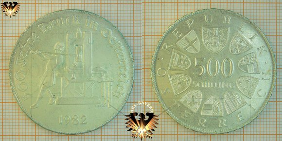 500 Schilling (ATS), Österreich, 1982, 500 Jahre Druck in Österreich - Silbermünze