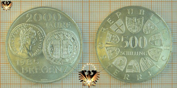 500 Schilling, 1985, 2000 Jahre Bregenz, Münze Österreich © aukauf.de 