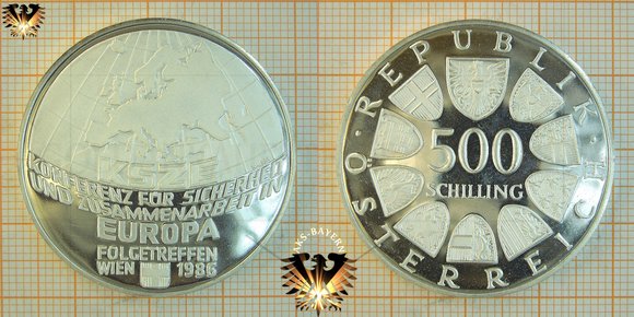 500 Schilling, 1986, KSZE, Europa Konferenz, Silber, Österreich © aukauf.de 