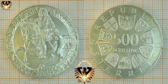 500 Schilling (ATS), Österreich, 1986, Prinz Eugen von Savoyen, 1663-1736 - Silbermünze