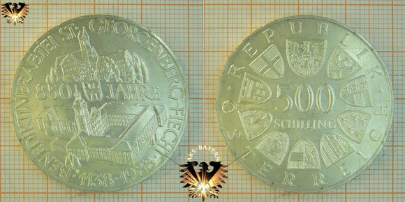 500 Schilling (ATS), Österreich, 1988, 850 Jahre Benediktinerabtei Georgenberg - Fiecht 1138 -1988