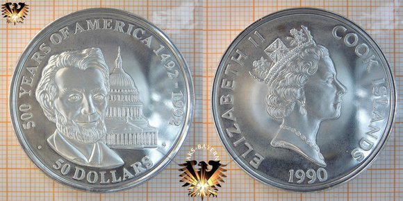 50 Dollars, 1990, Cook Islands, 500 Years of America, 1492-1992, Abraham Lincoln and the Capitol in Washington