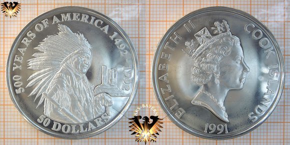 50 Dollars, 1991, Cook Islands, 500 Years of America, 1492-1992, Sitting Bull