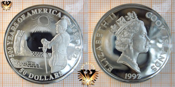 500 Jahre Amerika: Der spanische Eroberer Diego de Almagro. 50 Dollars Silbermünze von 1992 der Cookinseln.