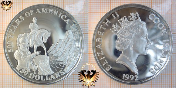 Der spanische Konquistador, Vasquez Coronado ist auf dieser Münze aus Silber zu 50 $ der Cookinseln abgebildet.