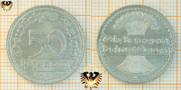 50 Pfennig, 1922, Deutsches Reich, Sich regen bringt Segen - Ersatz und Inflations- Münze