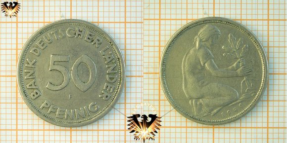 50 Pfennig, ausgegeben von der Bank Deutscher Länder 1949 und versehentlich von der Münze in Karlsruhe geprägt; das 50 Pfennigstück von 1950 G BANK DEUTSCHER LÄNDER.