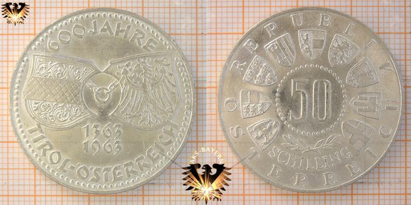 50 Schilling, Österreich, 1963, 600 Jahre Tirol - Österreich, 1363-1963