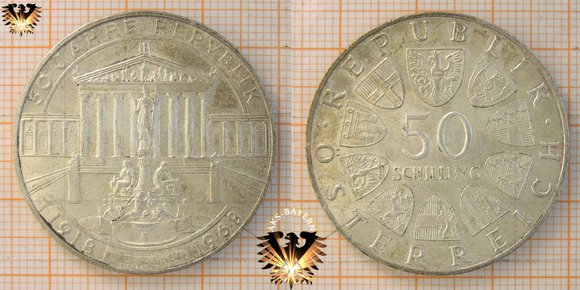 50 Schilling, Österreich, 1968, 50 Jahre Republik, 1918 - 1968