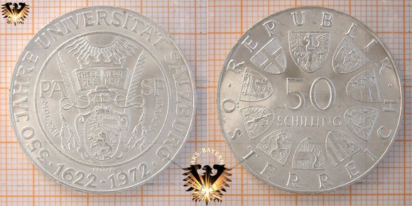 50 Schilling, 1972, 350 Jahre Universität Salzburg Silber Münze © aukauf.de 