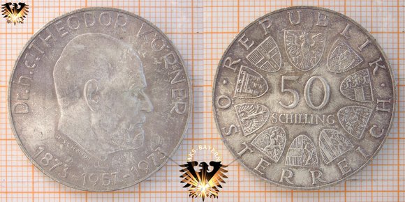 50 Schilling, Silbermünze aus Österreich, 1973, Dr. Theodor Körner, 1873 - 1957