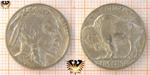 5 Cents, USA, 1930, Buffalo Nickel, 1913-1930 © aukauf.de 