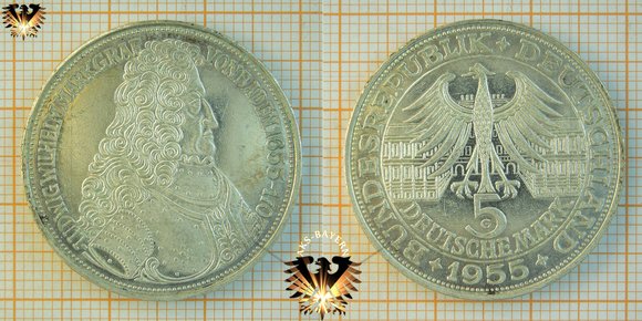 Ludwig Wilhelm Markgraf von Baden, die 5 DM Gedenkmünze in Silber zum 300. Geburtsjubiläum 1655 - 1707, BRD, 1955 G - SCHILD DES REICHES