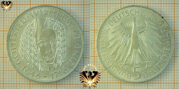 5 DM BRD 1966 D, Gottfried Wilhelm Leibniz 1646 bis 1716, Gedenkmünze © AuKauf.de