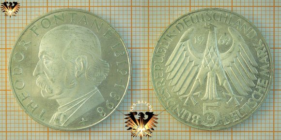5 DM BRD 1969 G, Theodor Fontane 1819-1898, Gedenkmünze Silber © AuKauf.de