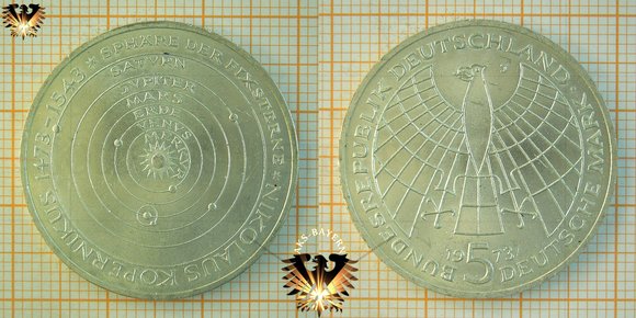 Die 5 DM Gedenkmünze zum 500. Geburtstag von von Nikolaus Kopernikus (1473 bis 1543), Sphäre der Fixsterne, 1973 J, BRD, Silber - IN MEDIO OMNIUM RESIDET SOL