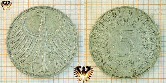 5 DM BRD 1958 J, der Silberfünfer - Nominal Umlaufmünze, Sammlermünze © AuKauf.de