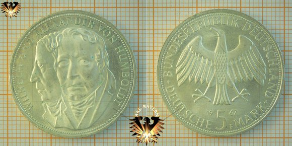 5 DM BRD 1967 F, Wilhelm und Alexander von Humboldt - Gedenkmünze © AuKauf.de