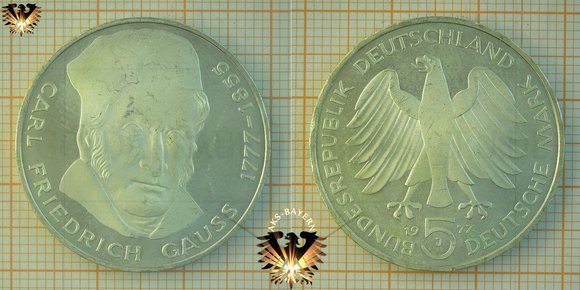 5 DM BRD 1977 J, Carl Friedrich Gauss 1777-1855, Silber Gedenkmünze © AuKauf.de