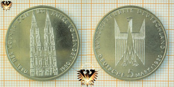 5 DM BRD 1980 F, Der Kölner Dom, Gedenkmünze Kupfer/Nickel © AuKauf.de