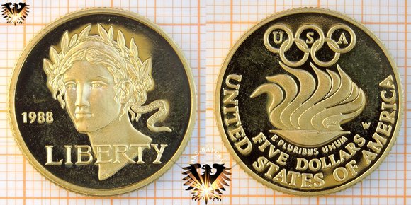 $5 Dollars, USA, 1988 W, Olympics, Liberty, Half Eagle Goldmünze © aukauf.de 