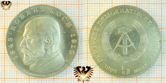 5 Mark, DDR, 1968, Dr. Robert Koch, 1843-1910 © AuKauf.de