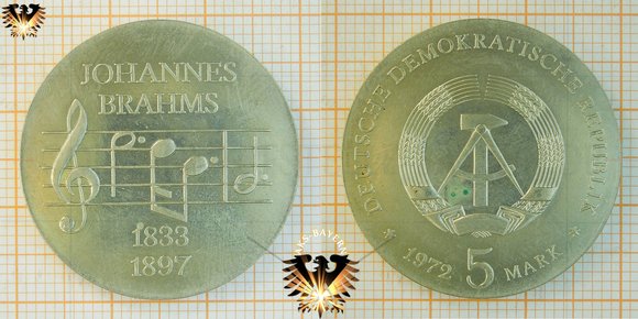 5 Mark, DDR, 1972, Johannes Brahms, Gedenkmünze zum 75. Todestag, 1833-1897