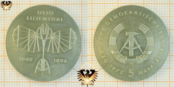 5 Mark, DDR, 1973, Flugpionier, Otto Lilienthal, 125. Geburtsjubiläum, 1848-1896