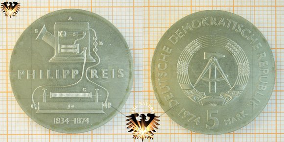 5 Mark, DDR, 1974, Philipp Reis, Gedenkmünze, 100. Todestag, 1834-1874