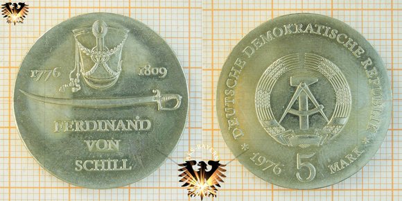 5 Mark, DDR, 1976, Ferdinand von Schill, 1776-1809 © AuKauf.de