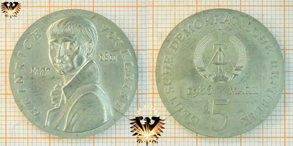 5 Mark, DDR, 1986, Heinrich von Kleist, Gedenkmünze zum 175. Todestag, 1777-1811