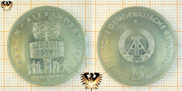 5 Mark, DDR, 1987, Berlin Alexanderplatz Weltzeituhr © AuKauf.de