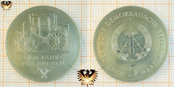 5 Mark, DDR, 1990, 500 Jahre Postwesen © AuKauf.de