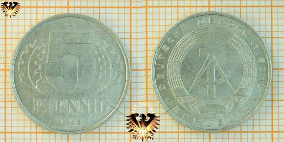 5 Pfennig Münze, Deutsche Demokratische Republik, 1968, nominal, 1968-1975