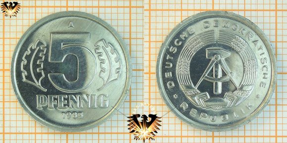 5 Pfennig, DDR, 1983, nominal, 1976-1990, * DEUTSCHE DEMOKRATISCHE REPUBLIK *, glänzend © AuKauf.de