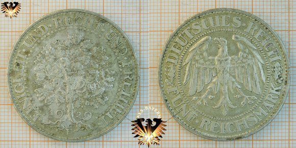5 Reichsmark Münze Weimar, 1927 - 1933, Eichbaum, Sammlermünze © AuKauf.de
