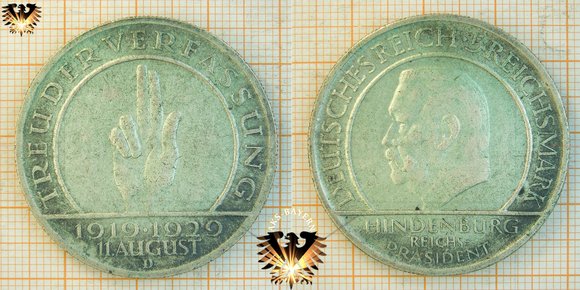 5 Reichsmark Münze, 1929, Hindenburg Verfassung © AuKauf.de