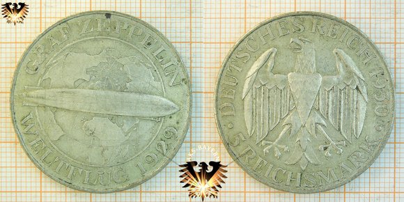 5 Reichsmark Münze, 1930, Graf Zeppelin Weltflug 1929 Weimarer Republik © AuKauf.de