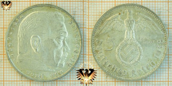 5 Reichsmark, 5 RM, 1938, Hindenburg mit Hakenkreuz - Reichsmünze
