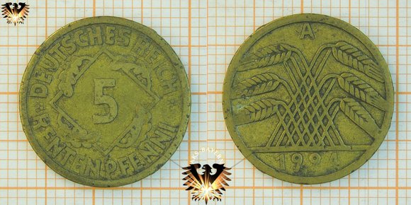 5 Rentenpfennig 1924, Deutsches Reich, Weizenähren © AuKauf.de