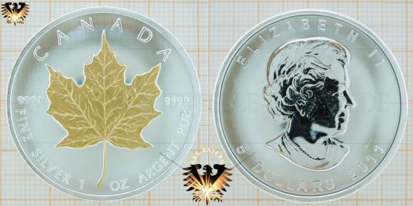 24 Karat vergoldetes Ahornblatt auf der 5 Dollar Silbermünze aus Kanada zu 1 Unze Feinsilber.